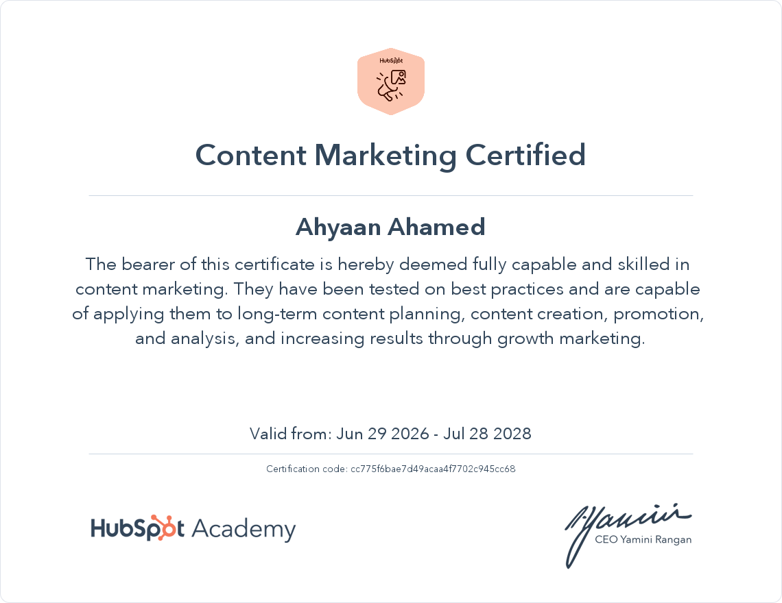 HubSpot certificate